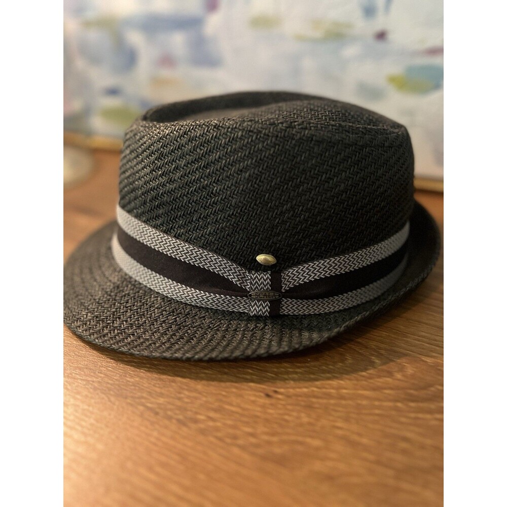 Scala Classico Fedora Hat Men’s with Football pin. Genuine Scala Straw